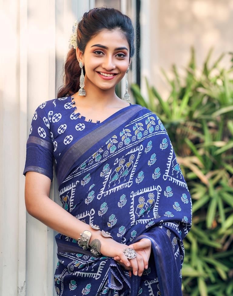 Dark Blue Silk Printed Saree