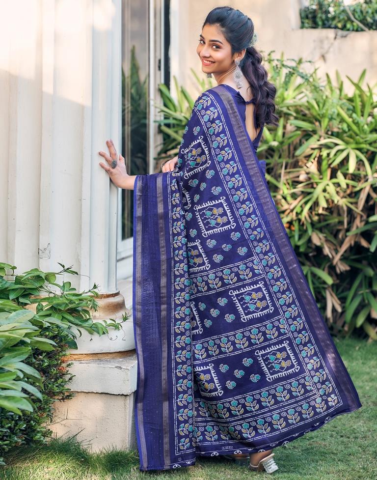 Dark Blue Silk Printed Saree