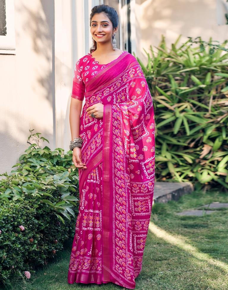 Rani Pink Silk Printed Saree