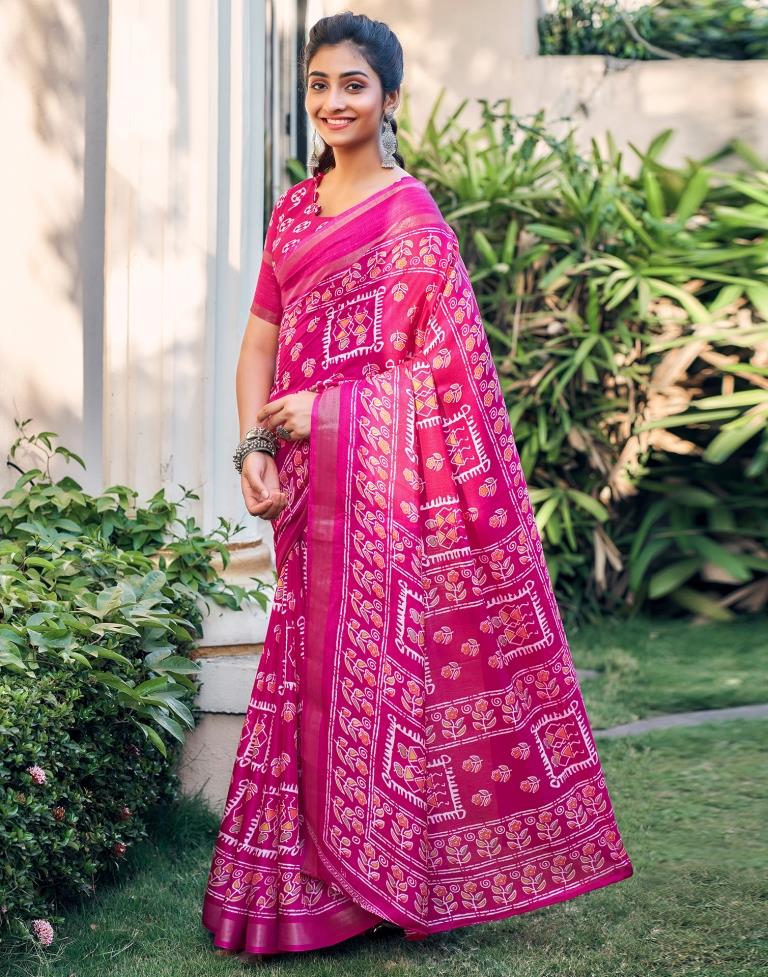 Rani Pink Silk Printed Saree