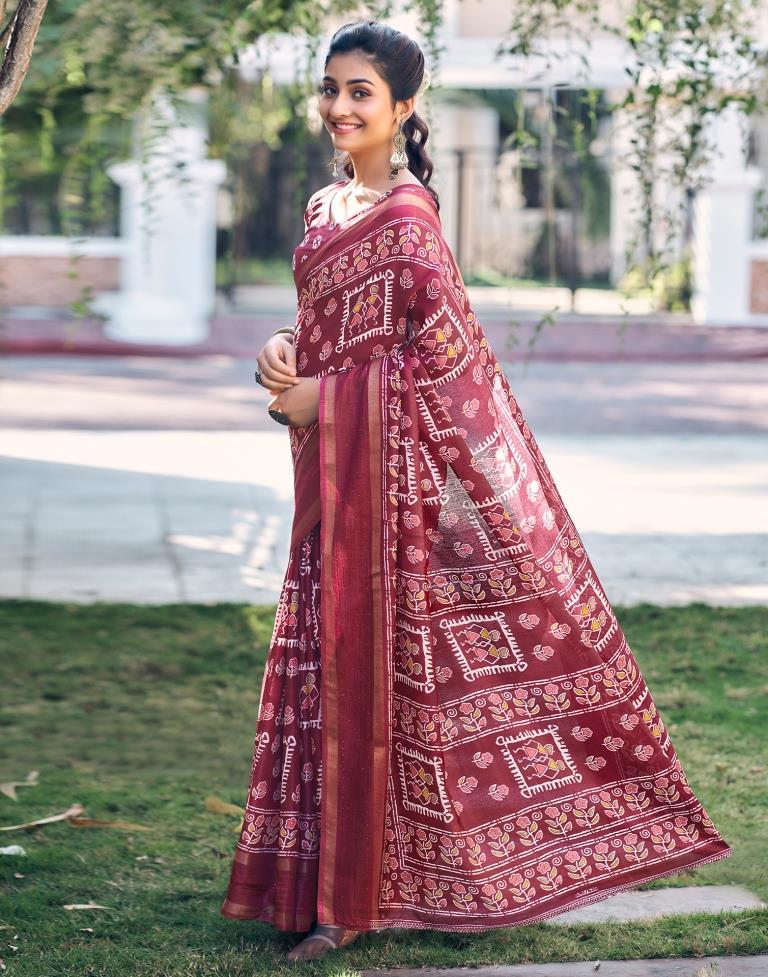 Wine Silk Printed Saree