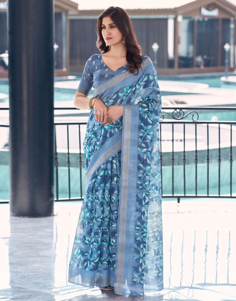 Steel Blue Cotton Printed Saree