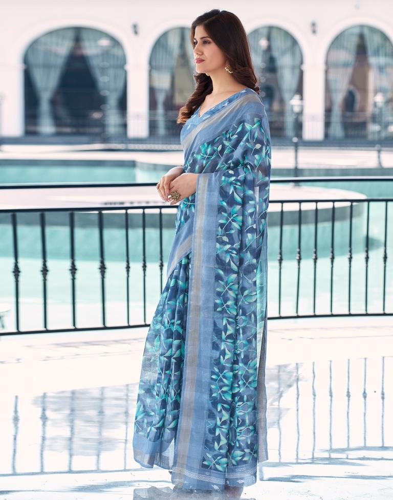 Steel Blue Cotton Printed Saree