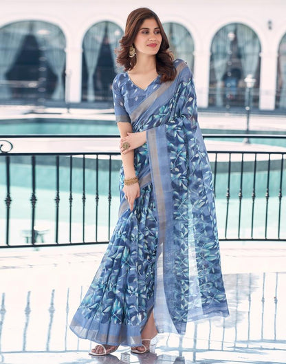 Steel Blue Cotton Printed Saree