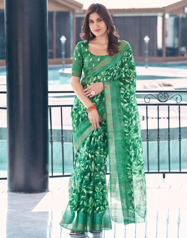 Sea Green Cotton Printed Saree