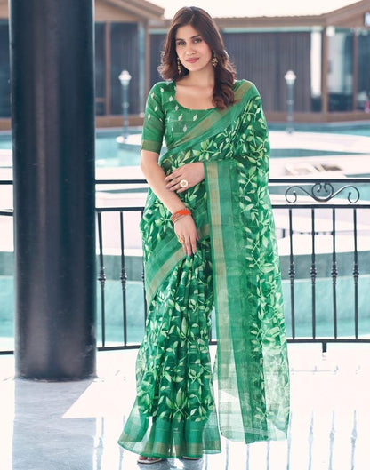 Sea Green Cotton Printed Saree