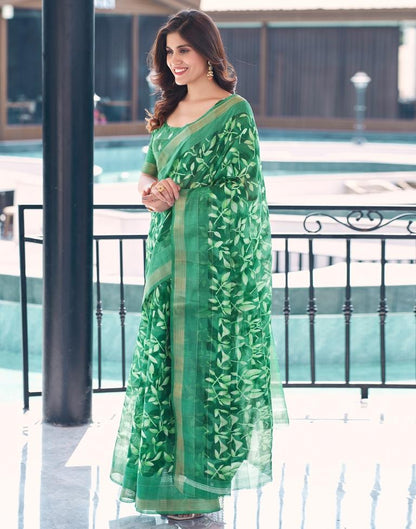 Sea Green Cotton Printed Saree