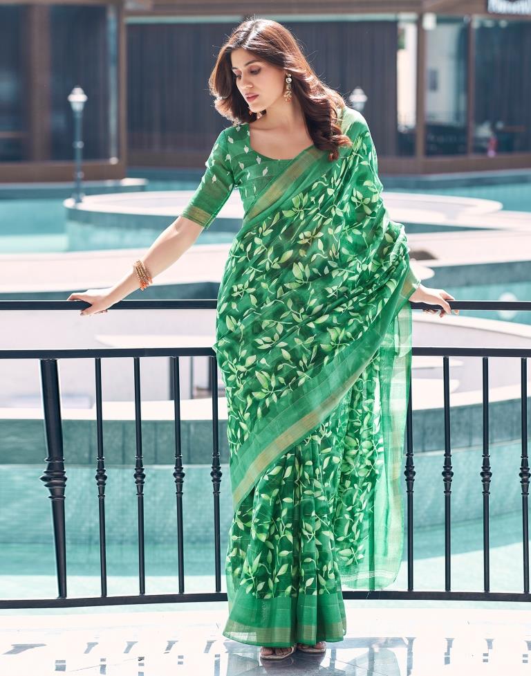 Sea Green Cotton Printed Saree