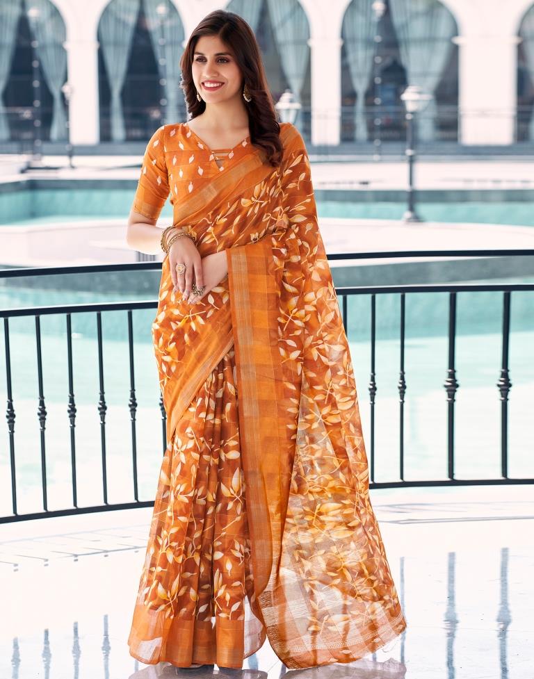 Dark Orange Cotton Printed Saree