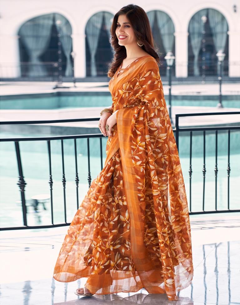 Dark Orange Cotton Printed Saree