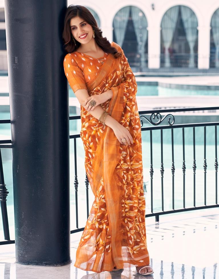 Dark Orange Cotton Printed Saree