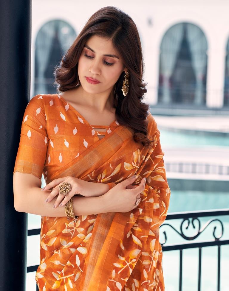 Dark Orange Cotton Printed Saree