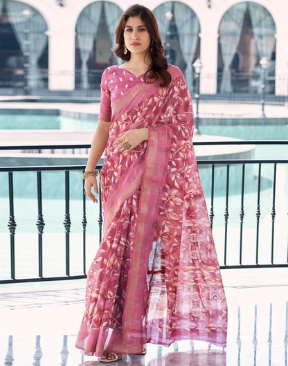 Rose Pink Cotton Printed Saree