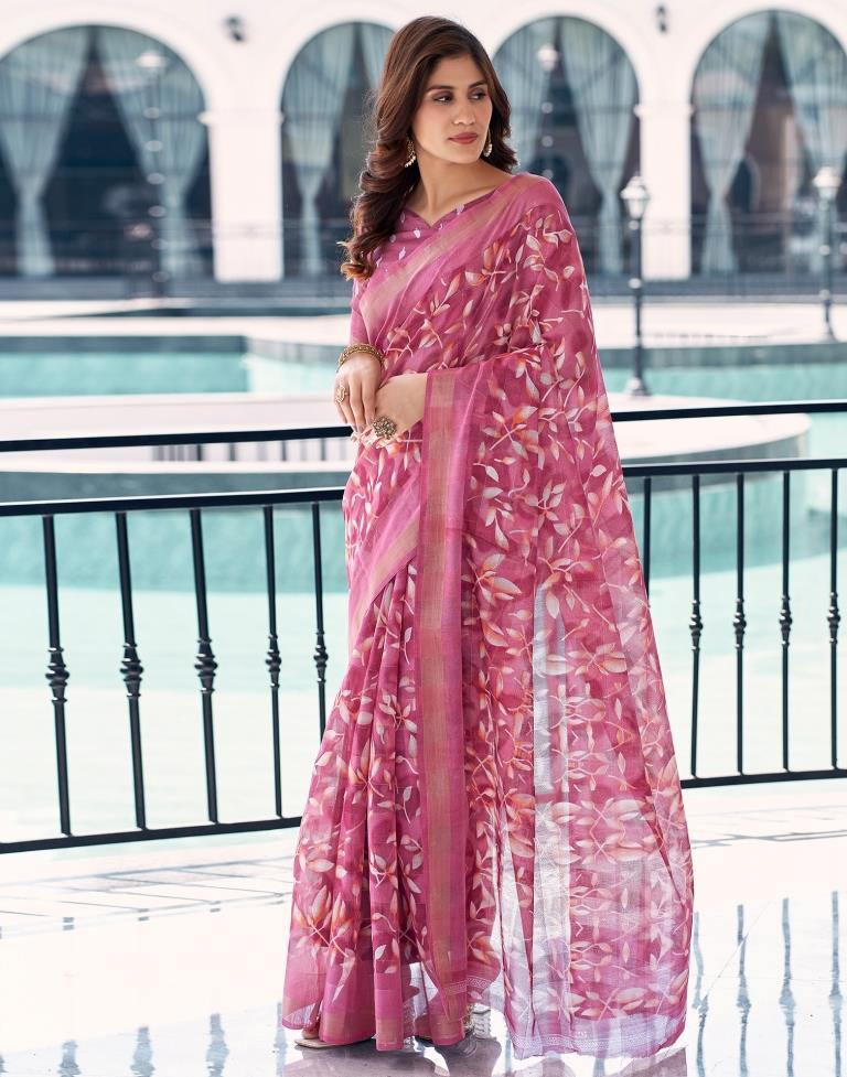 Rose Pink Cotton Printed Saree