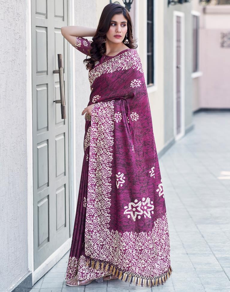 Dark Purple Silk Printed Saree