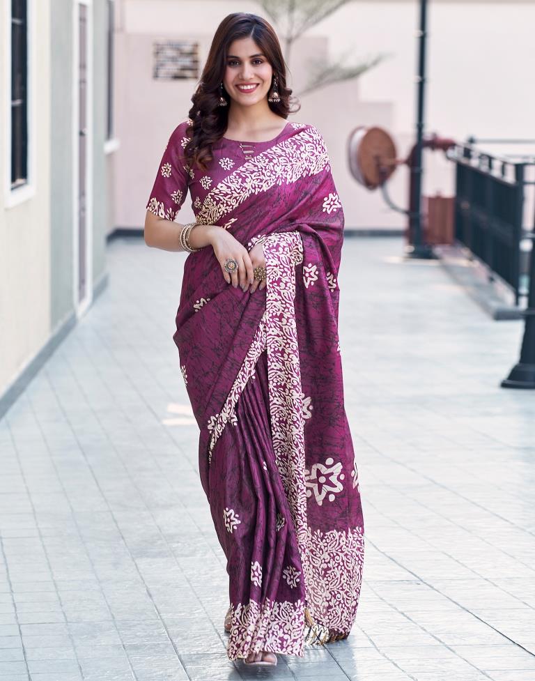 Dark Purple Silk Printed Saree