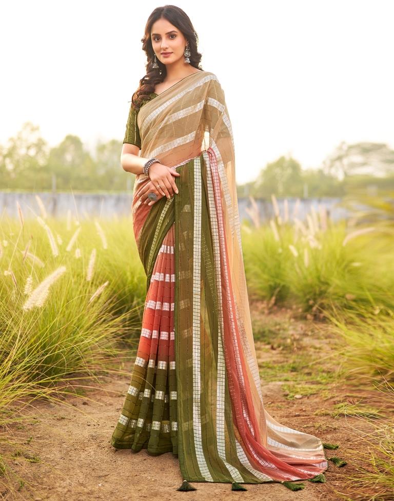 Olive Green Georgette Plain Saree