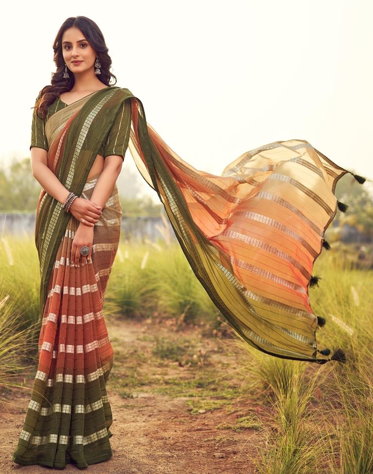 Olive Green Georgette Plain Saree