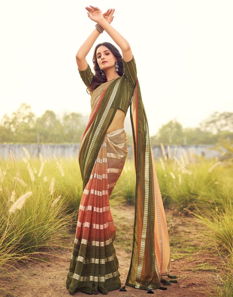 Olive Green Georgette Plain Saree