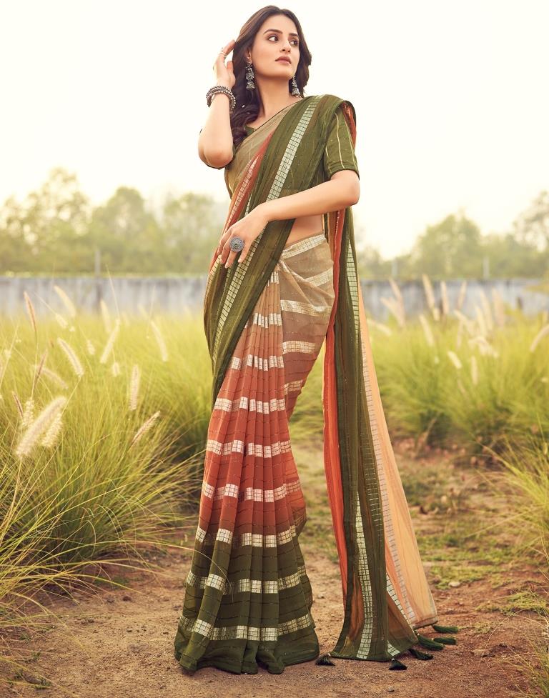 Olive Green Georgette Plain Saree