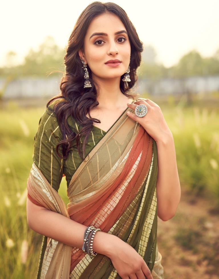 Olive Green Georgette Plain Saree