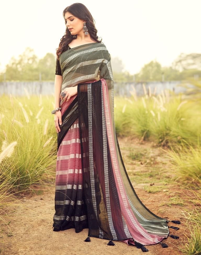 Black &amp; Pink Georgette Plain Saree