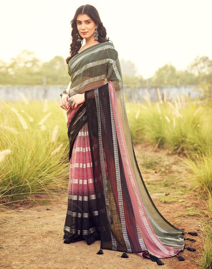 Black &amp; Pink Georgette Plain Saree