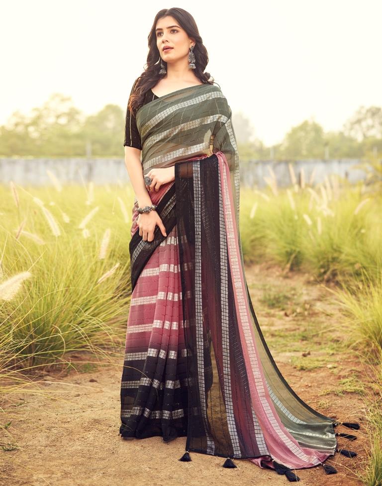 Black &amp; Pink Georgette Plain Saree