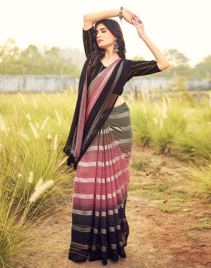 Black &amp; Pink Georgette Plain Saree