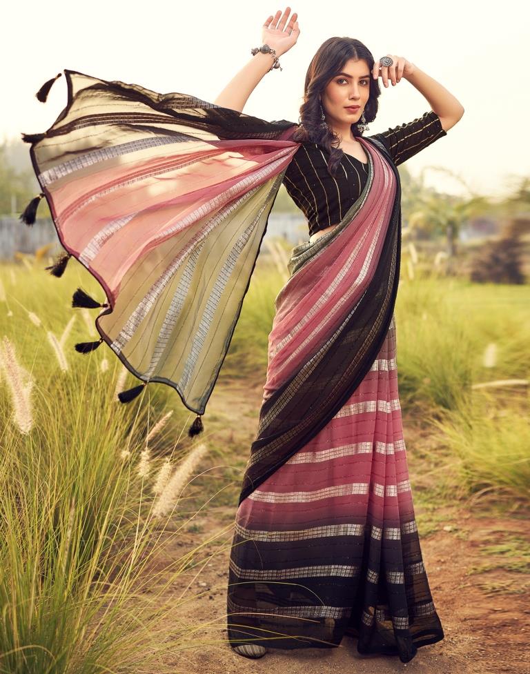 Black &amp; Pink Georgette Plain Saree