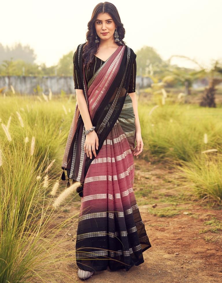 Black &amp; Pink Georgette Plain Saree