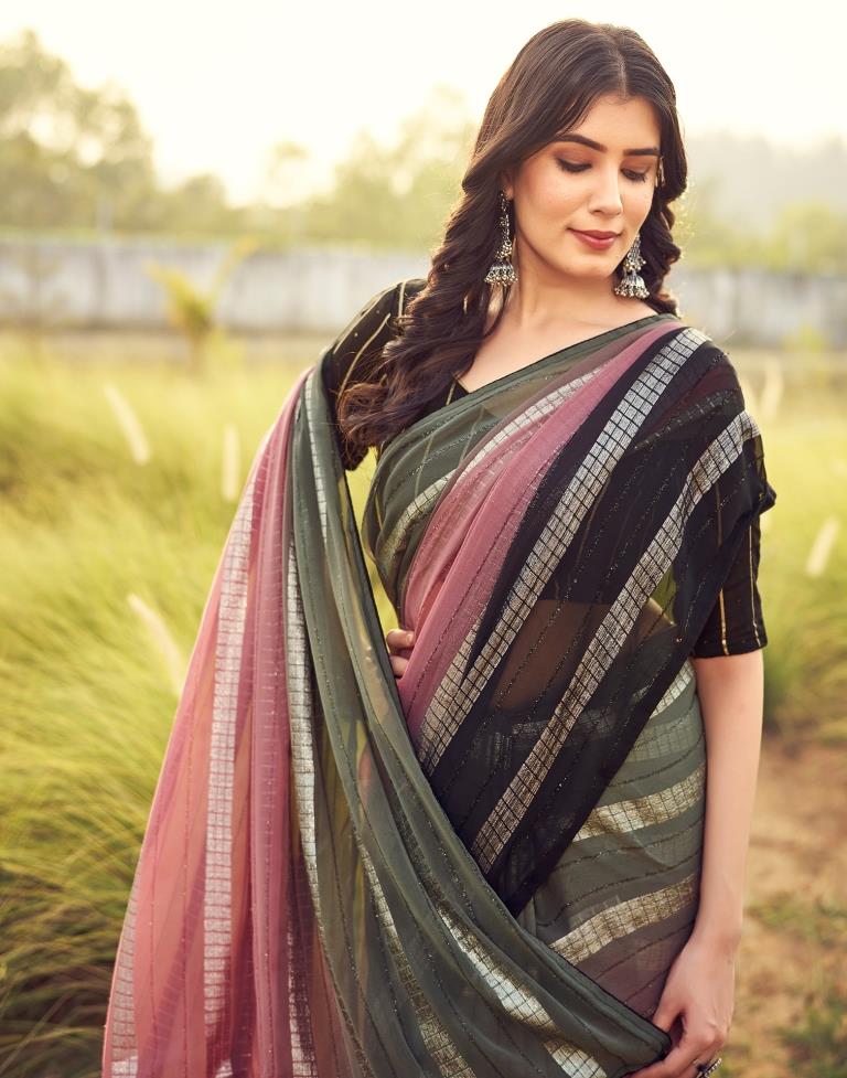 Black &amp; Pink Georgette Plain Saree