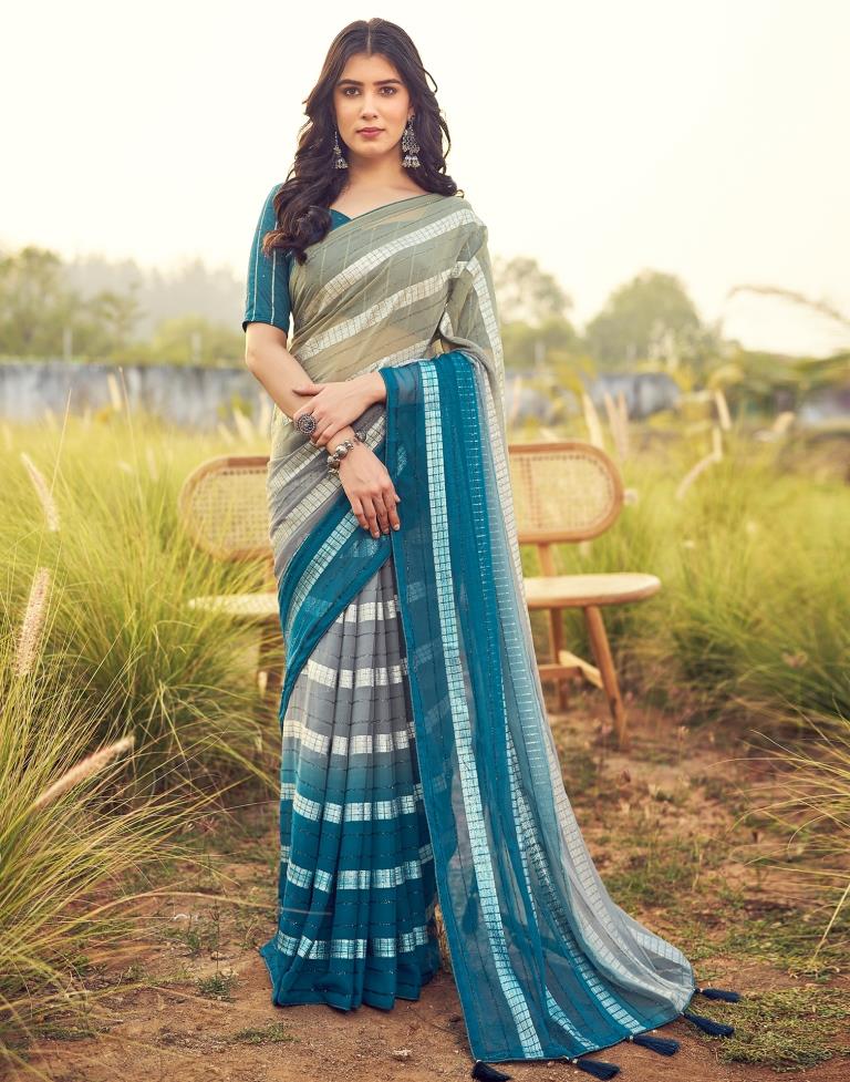 Teal Blue Georgette Plain Saree