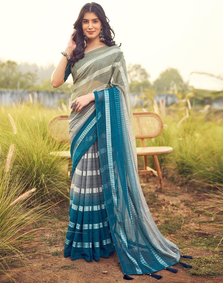 Teal Blue Georgette Plain Saree