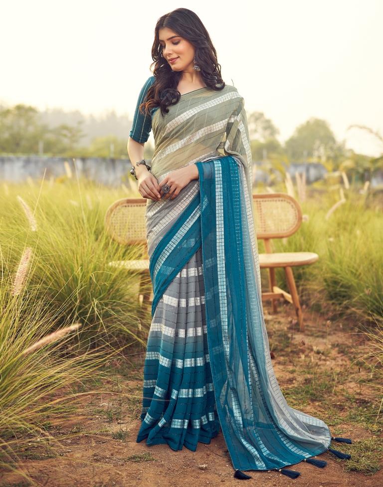 Teal Blue Georgette Plain Saree