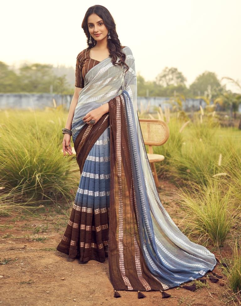 Brown Georgette Plain Saree