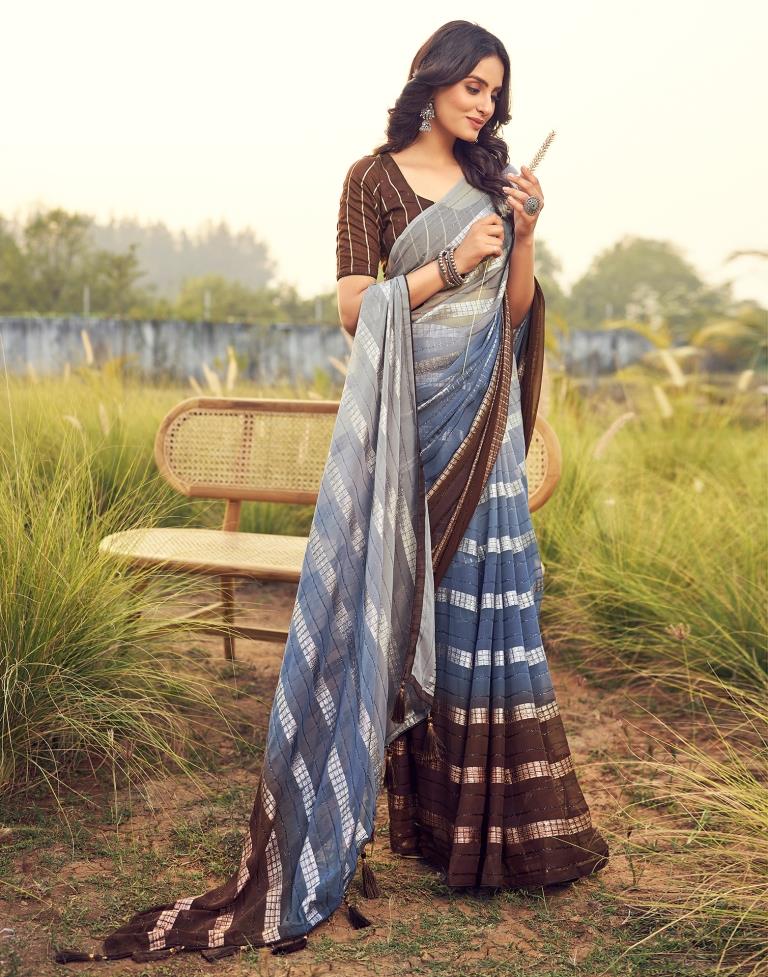 Brown Georgette Plain Saree