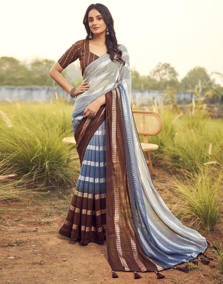 Brown Georgette Plain Saree