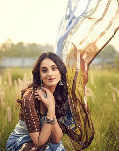 Brown Georgette Plain Saree