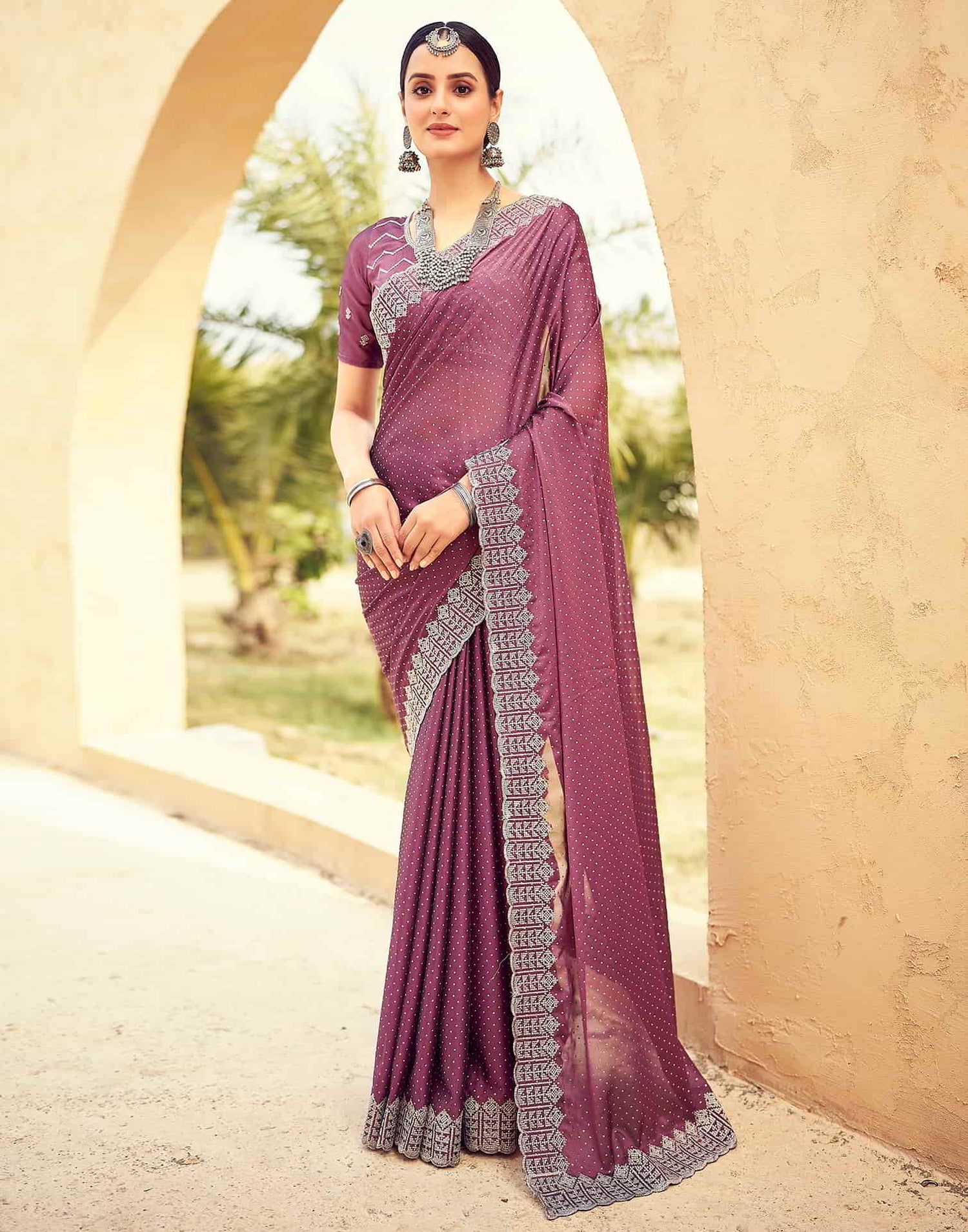 Mauve Swarovski Georgette Embroidery Saree