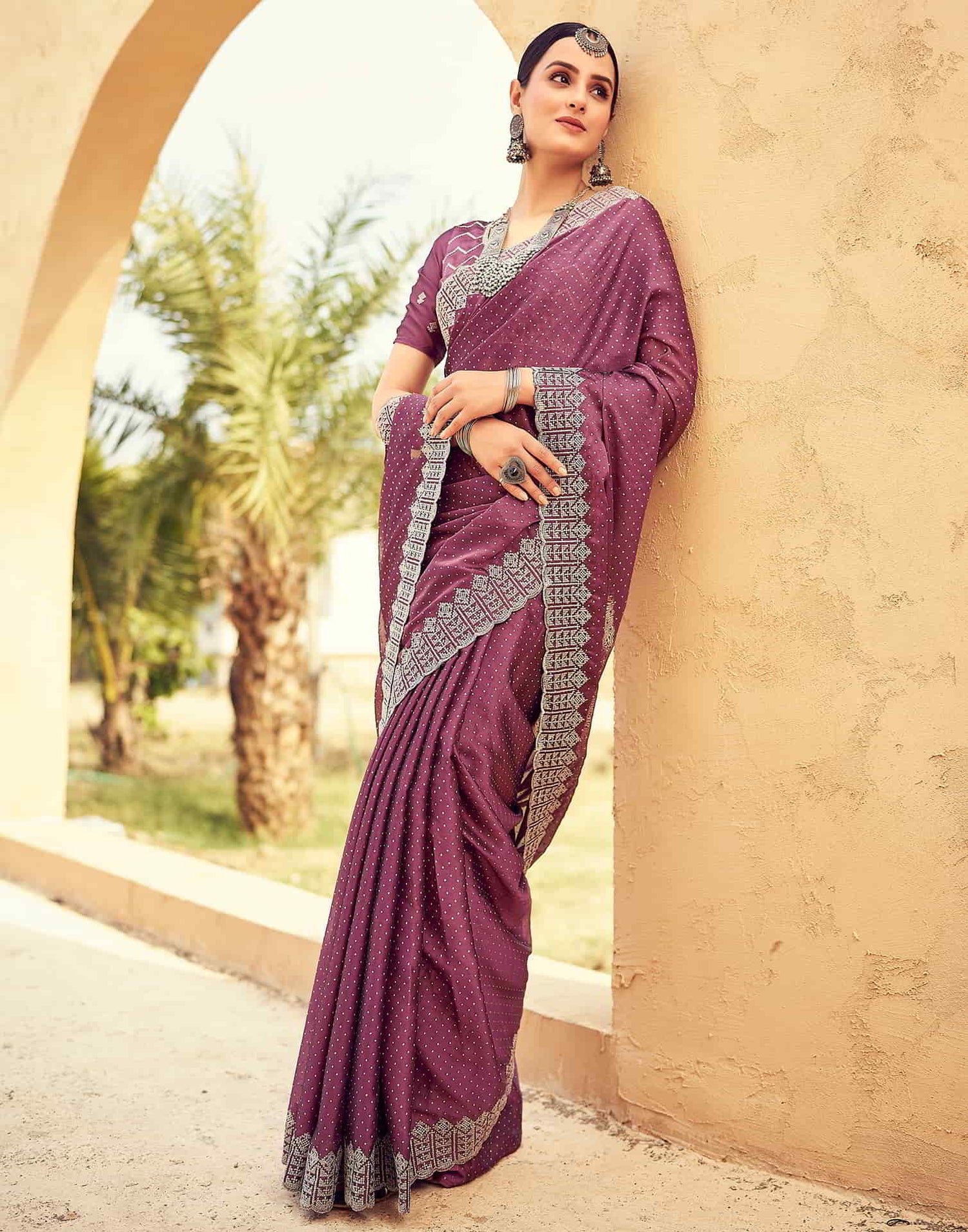 Mauve Swarovski Georgette Embroidery Saree