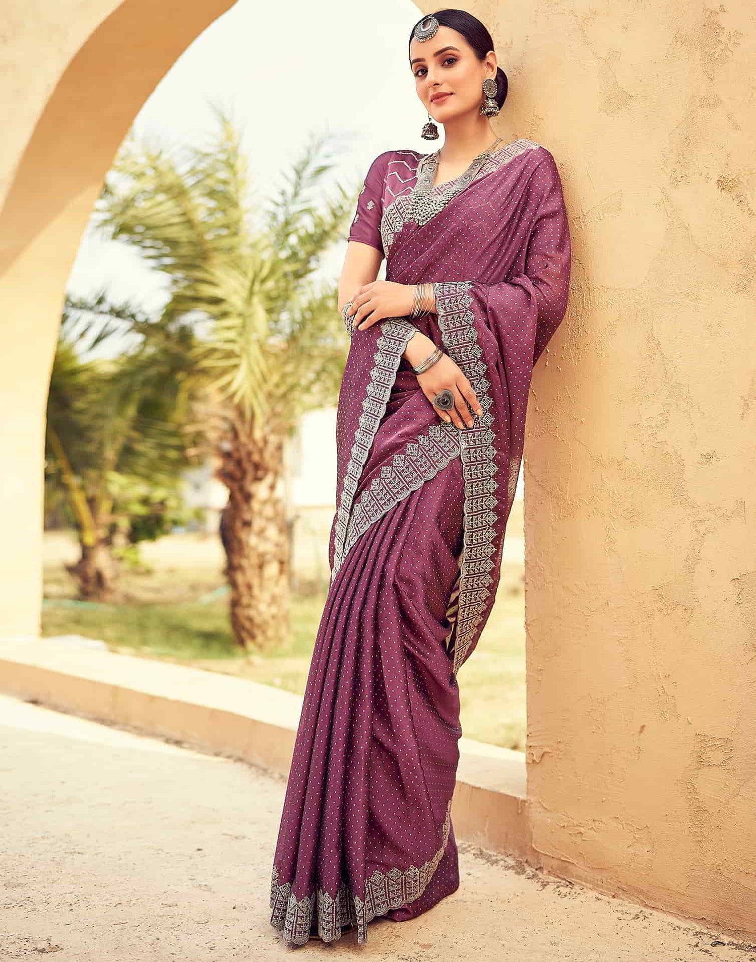 Mauve Swarovski Georgette Embroidery Saree