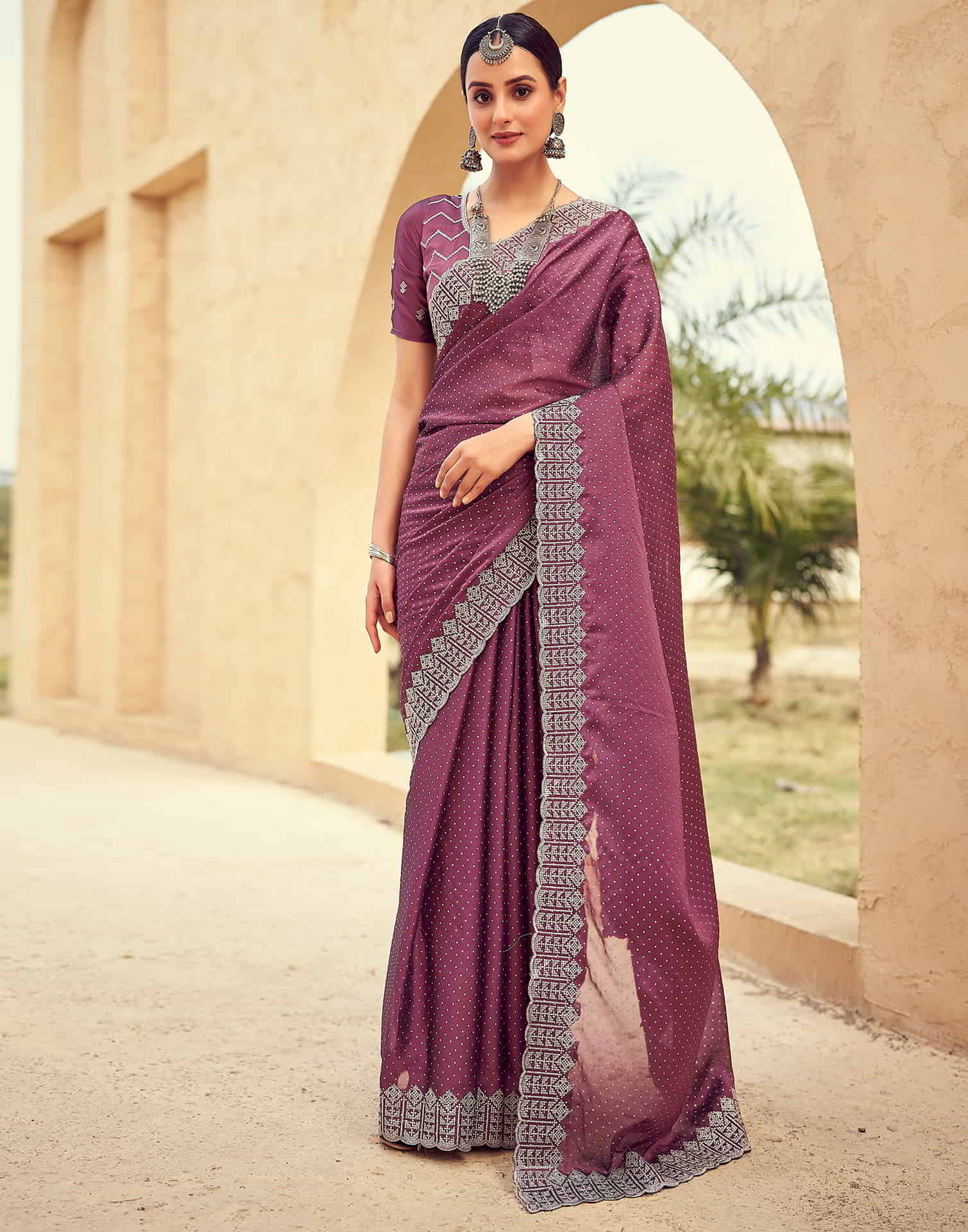 Mauve Swarovski Georgette Embroidery Saree