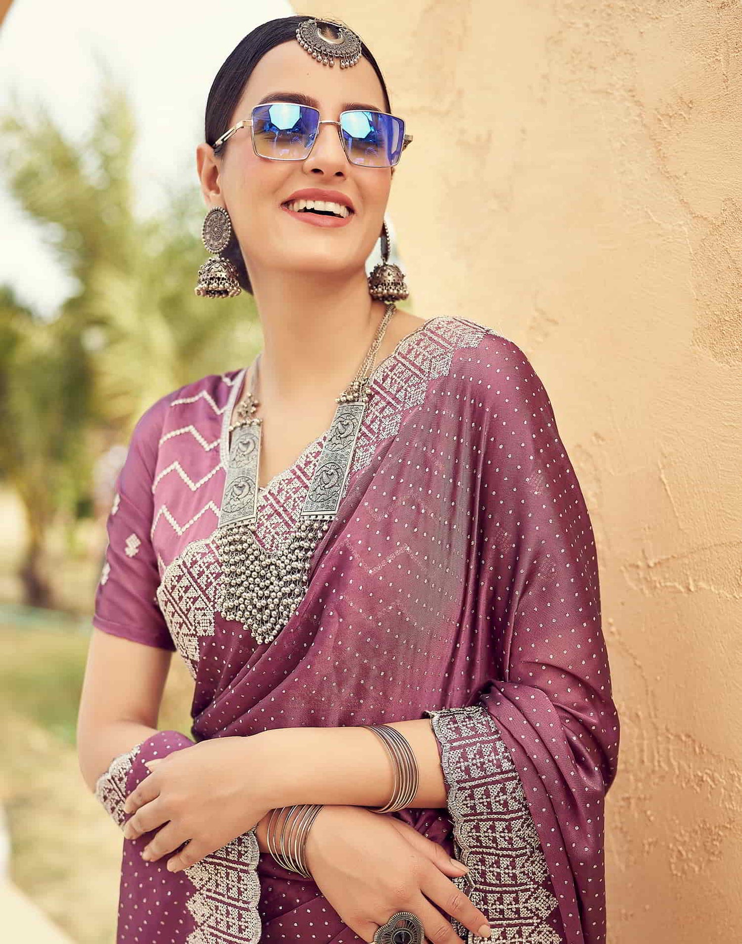 Mauve Swarovski Georgette Embroidery Saree