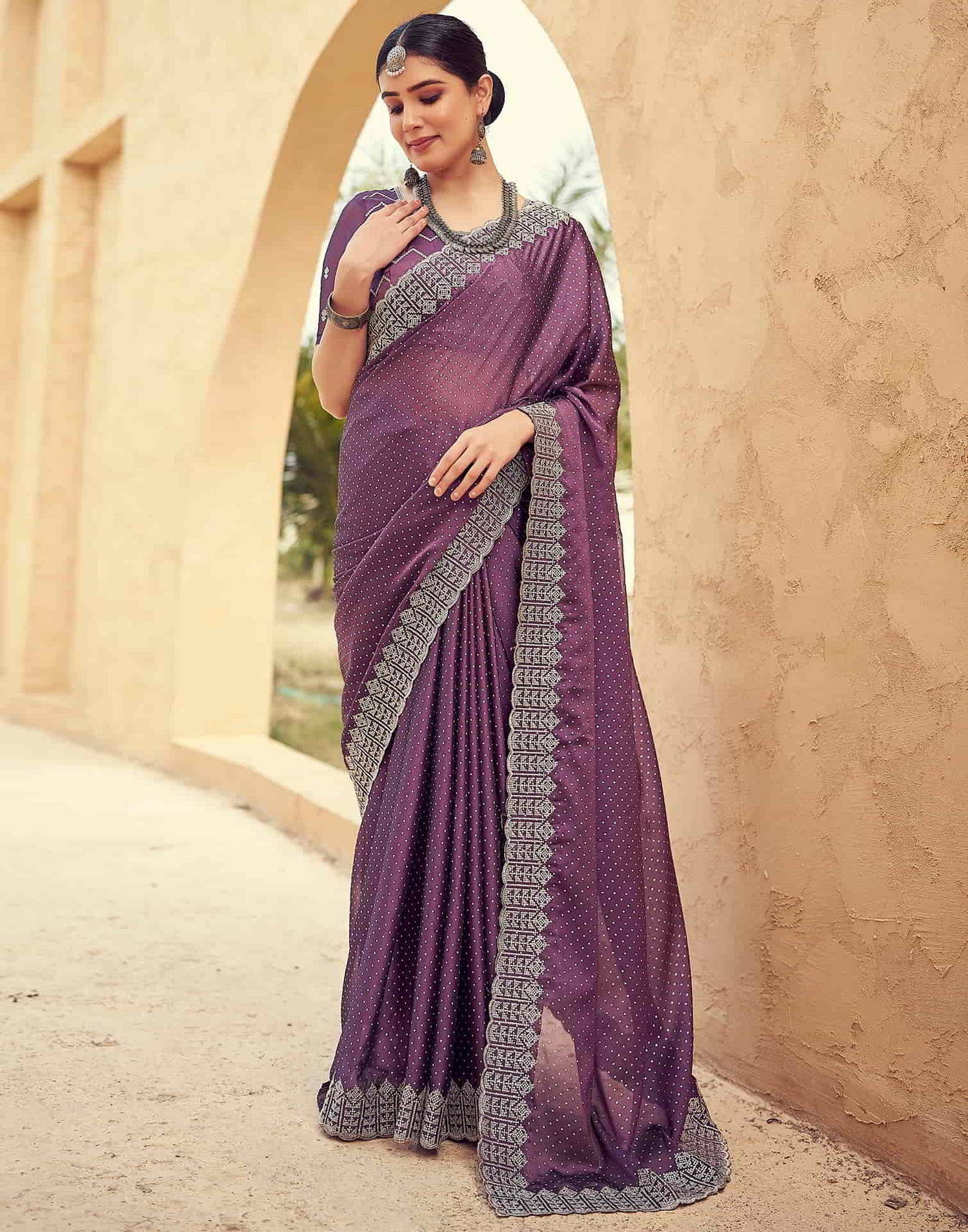 Purple Swarovski Georgette Embroidery Saree