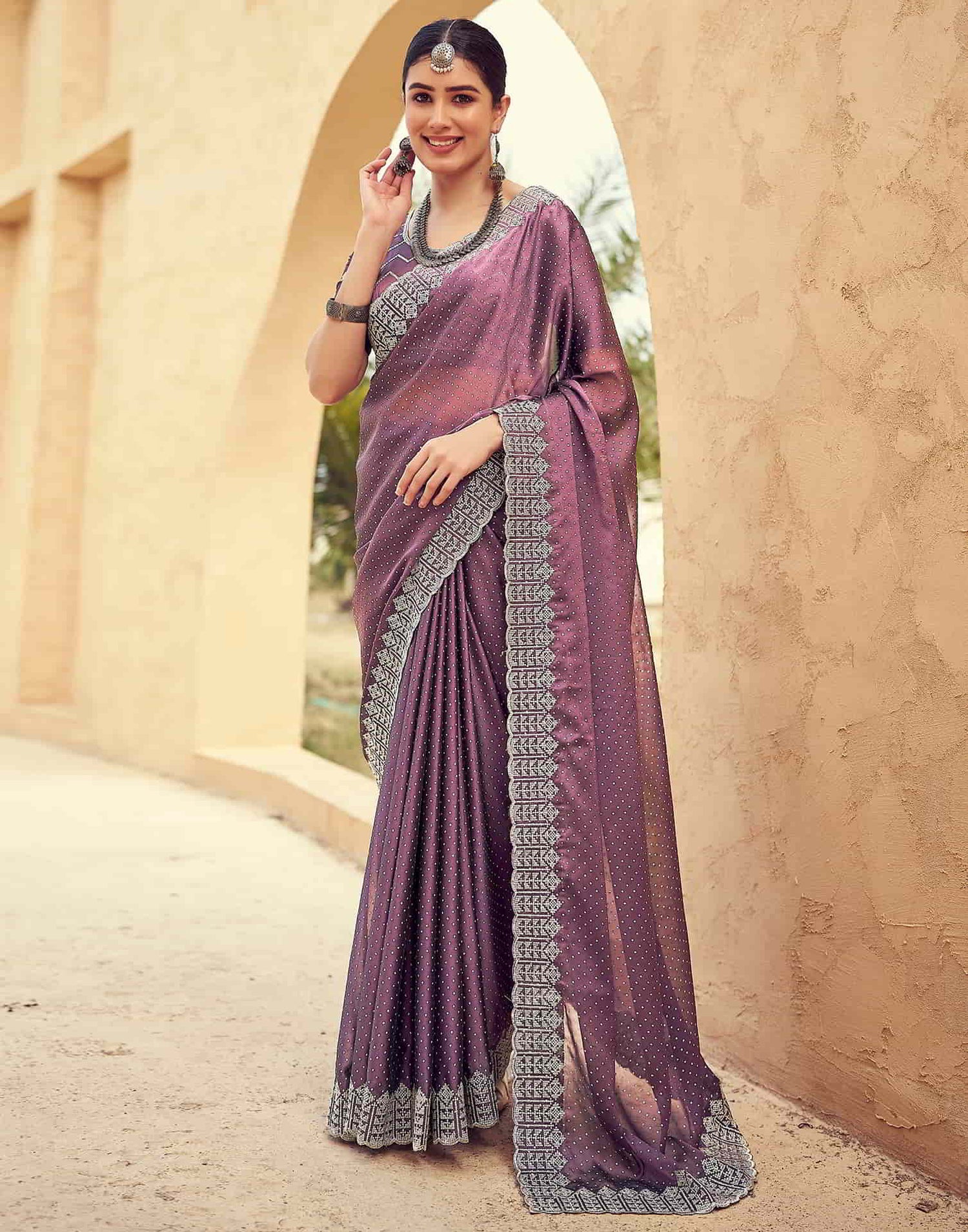 Purple Swarovski Georgette Embroidery Saree