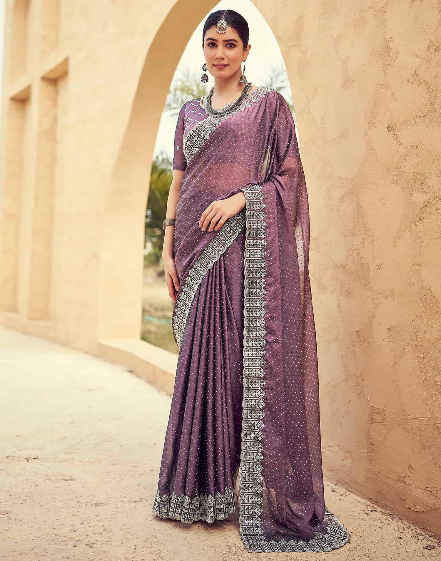 Purple Swarovski Georgette Embroidery Saree