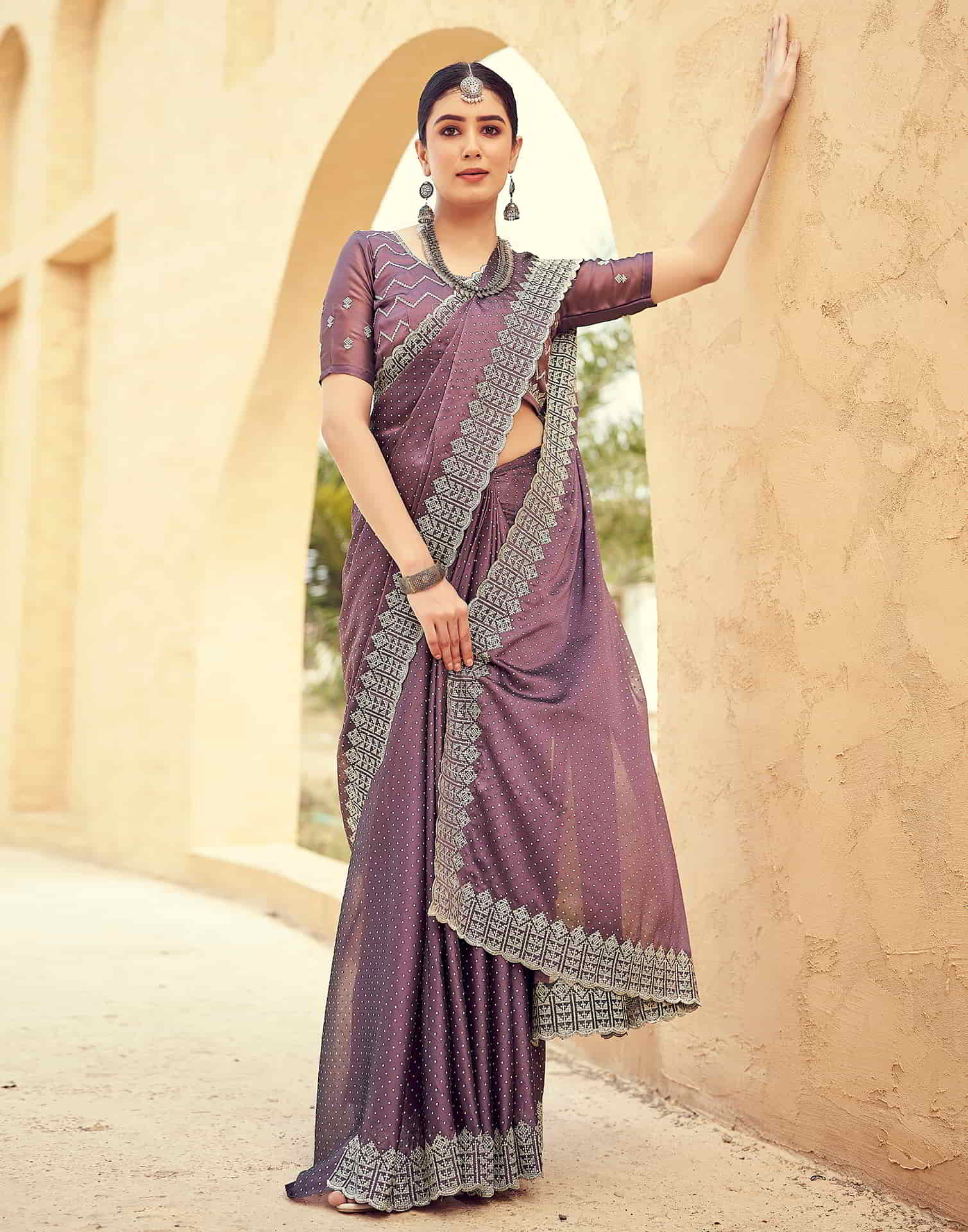 Purple Swarovski Georgette Embroidery Saree