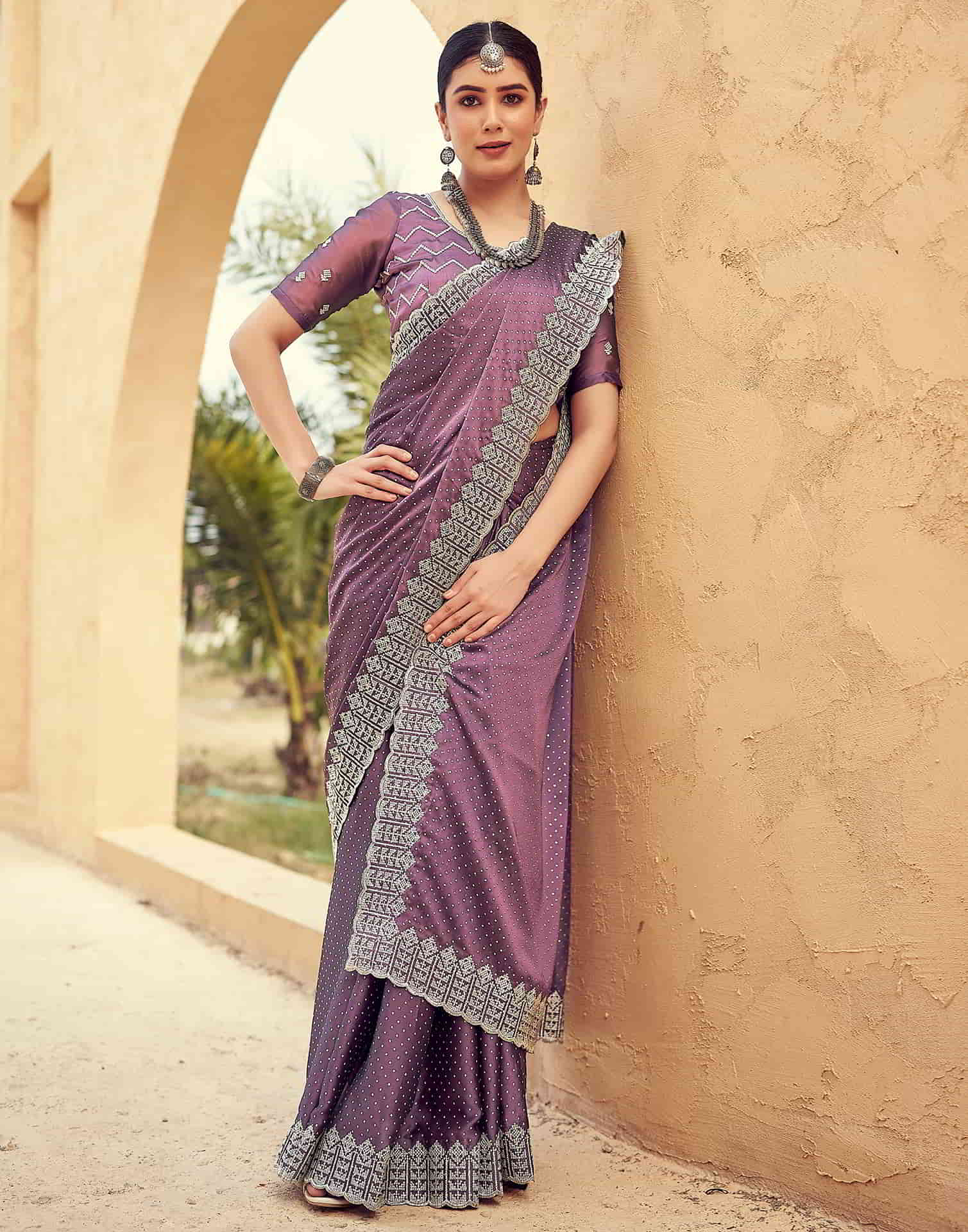 Purple Swarovski Georgette Embroidery Saree