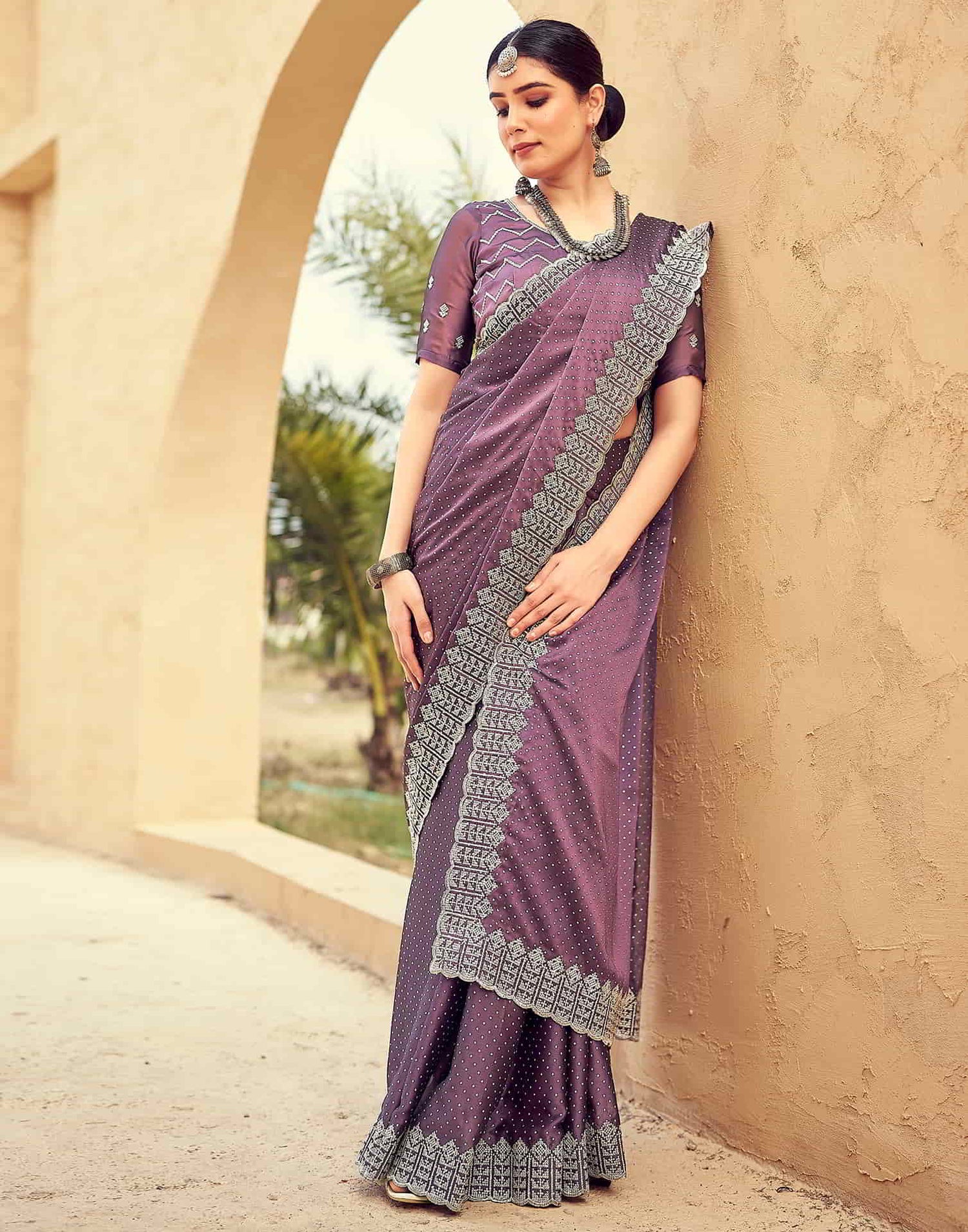 Purple Swarovski Georgette Embroidery Saree